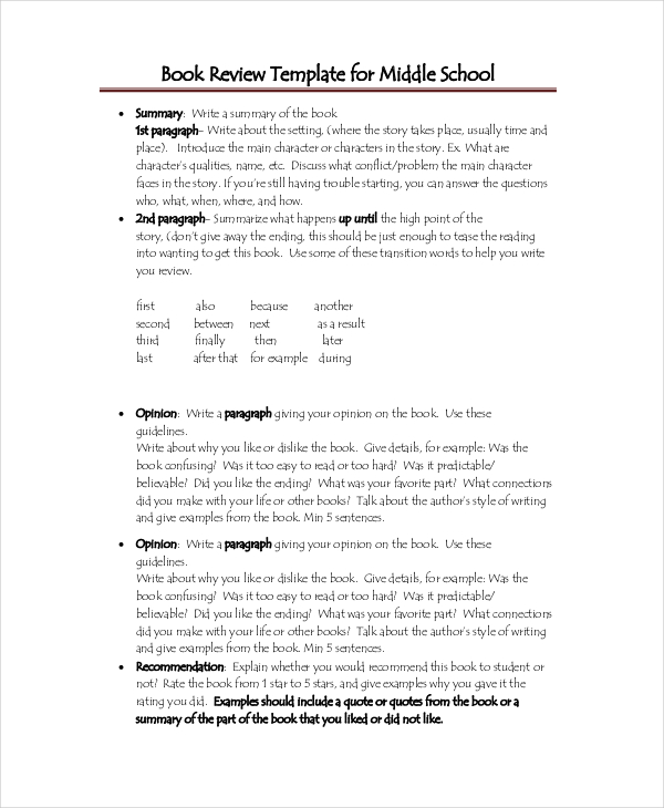 book review template middle school