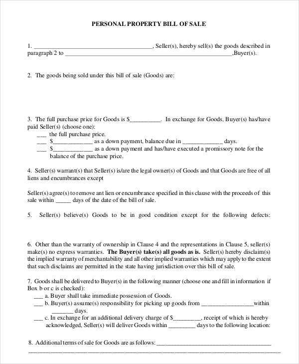bill of sale personal property template