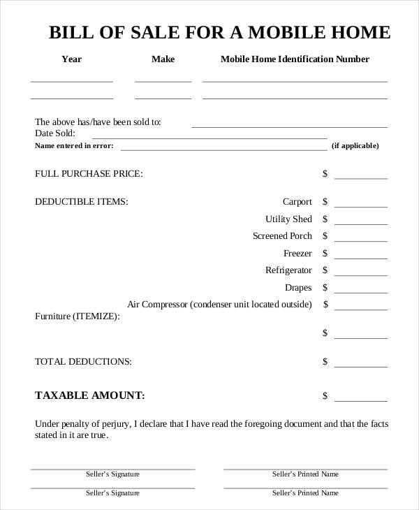 Bill Of Sale Template For Mobile Home