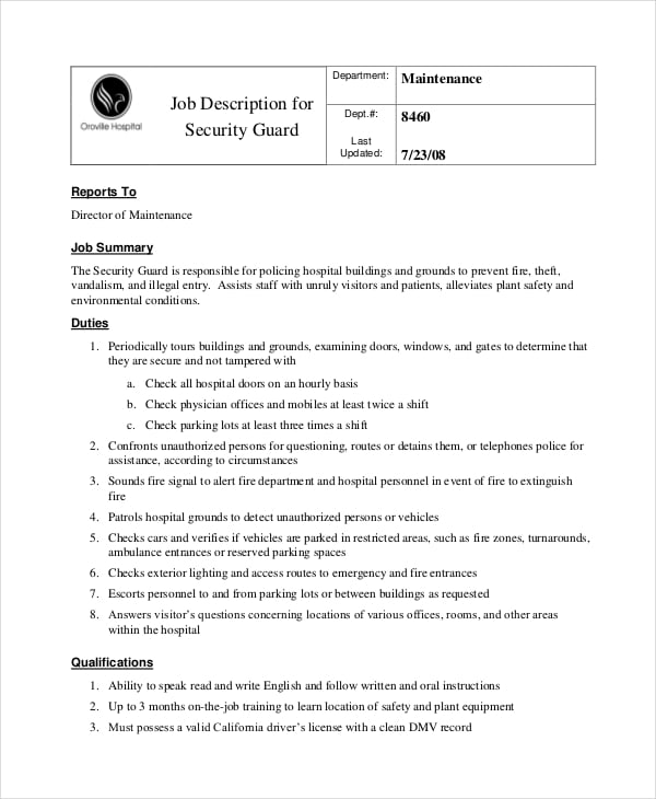 hospital security guard job description format