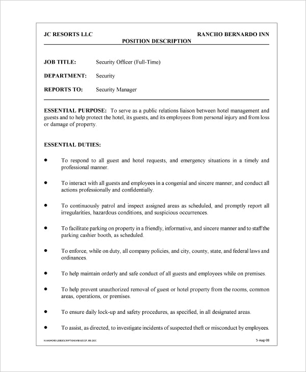 Security guard job description and specification
