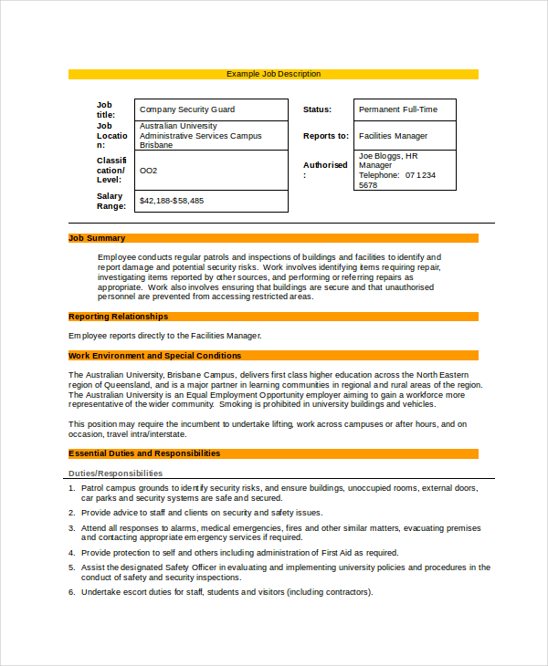 9+ Security Guard Job Descriptions Free Sample, Example, Format