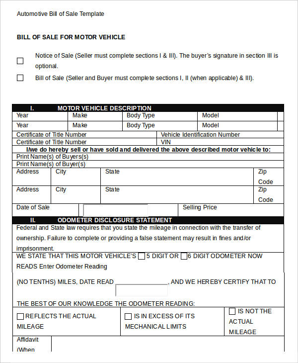 automotive bill of sale template