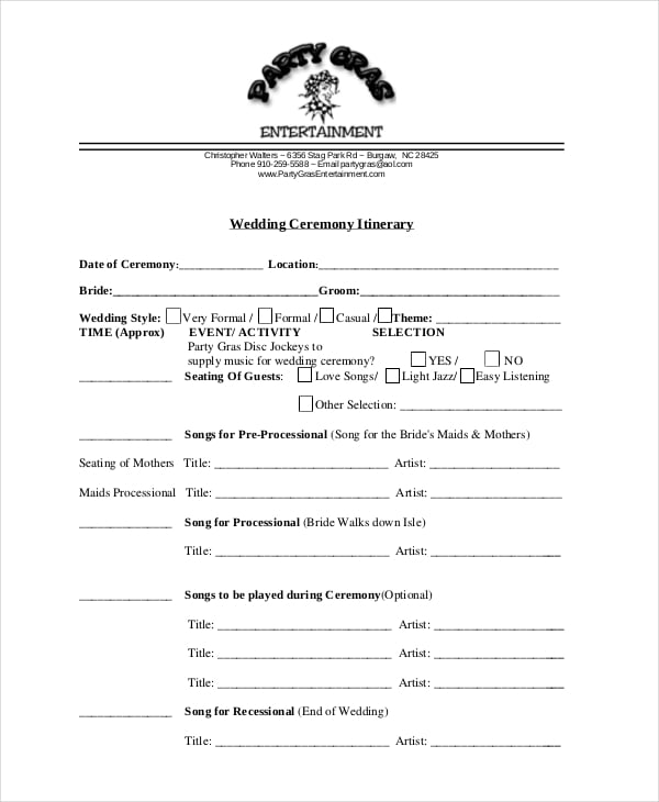 wedding ceremony itinerary template format
