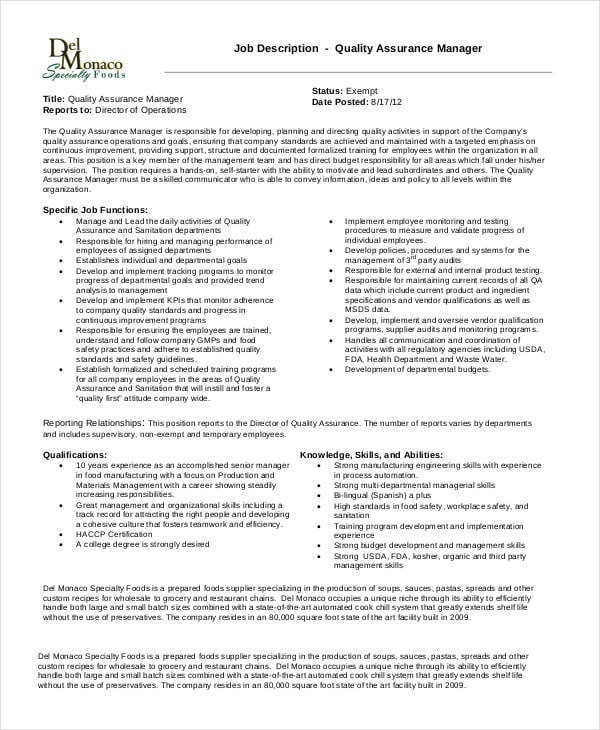 research quality assurance manager job description