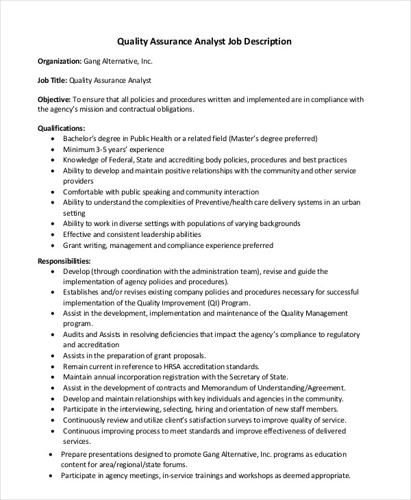 10 Quality Assurance Job Description Templates PDF DOC   Quality Assurance Analyst Job Description 