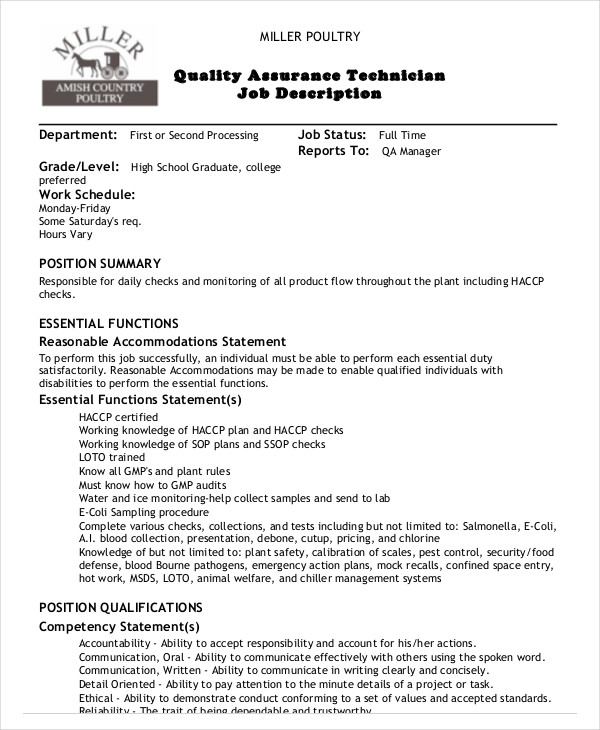 quality assurance technician job description