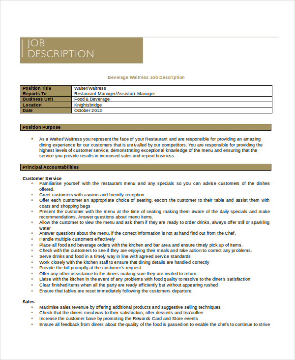 6+ Waitress Job Descriptions Free Sample, Example, Format