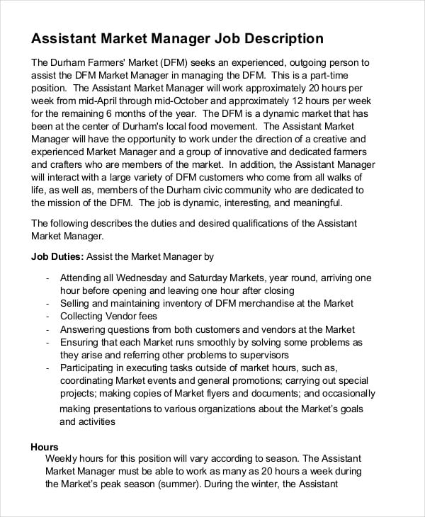 assistant market manager job description