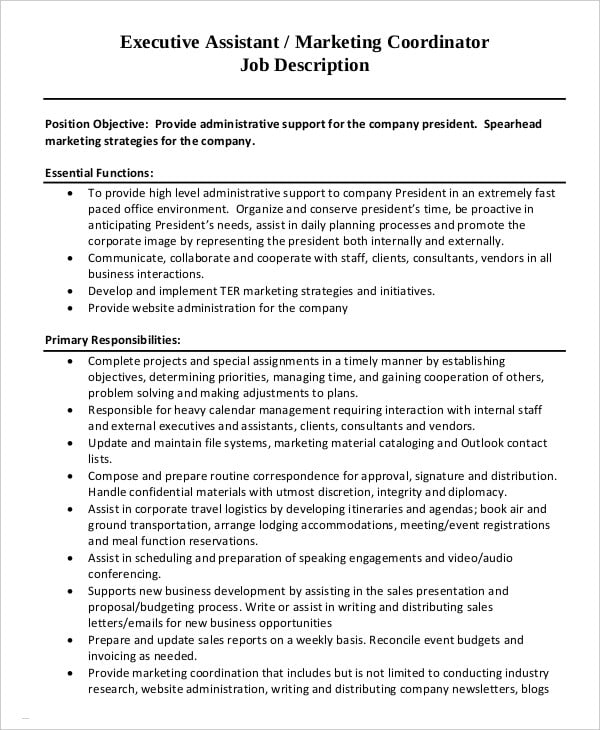 executive marketing assistant coordinator job description