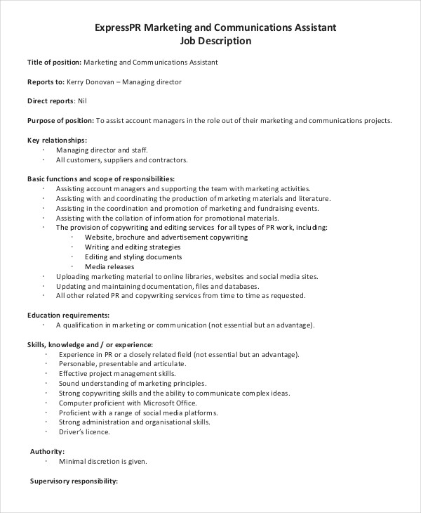 12 Marketing Assistant Job Description Templates PDF DOC