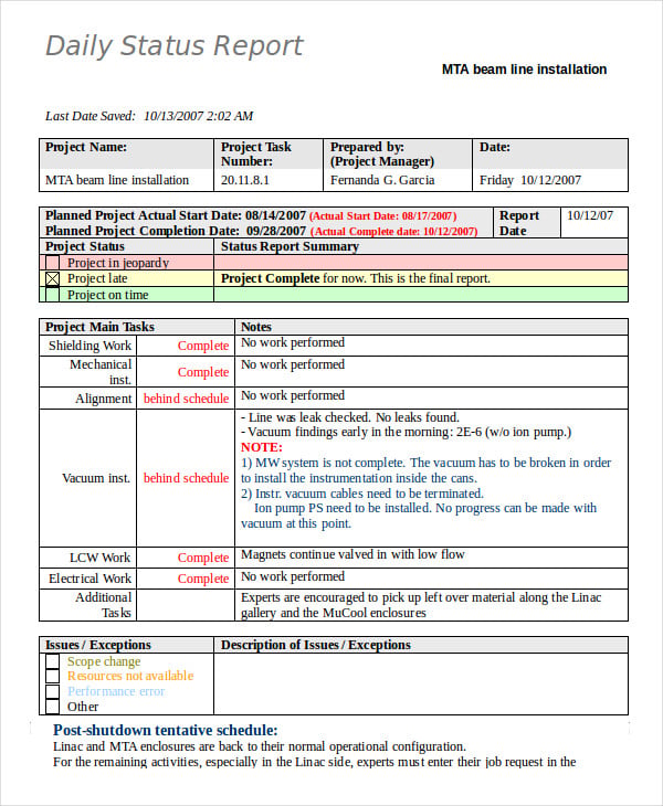 One Page Status Report Template