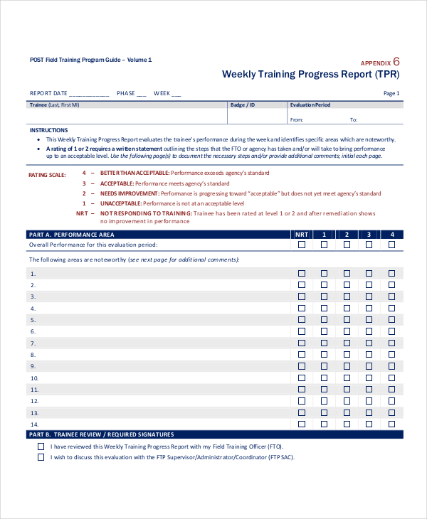 weekly training progress report format