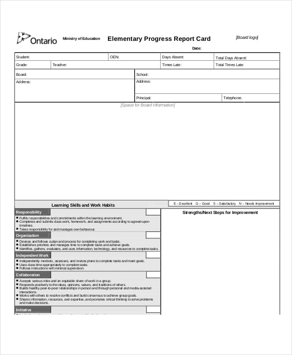 elementary progress report card template