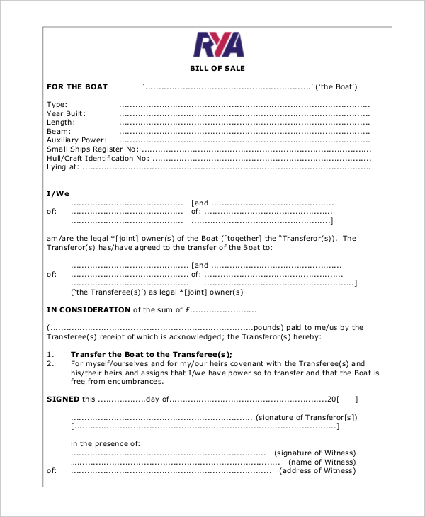 Free Boat Bill Of Sale Template Uk