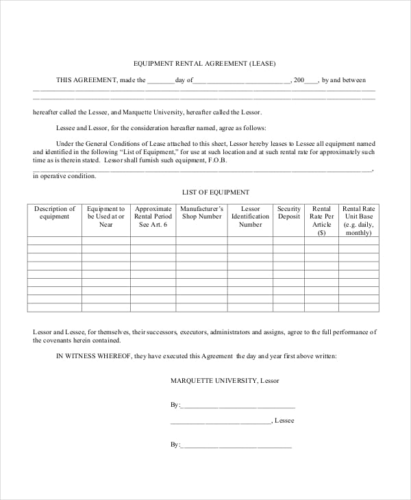 rental equipment contract template