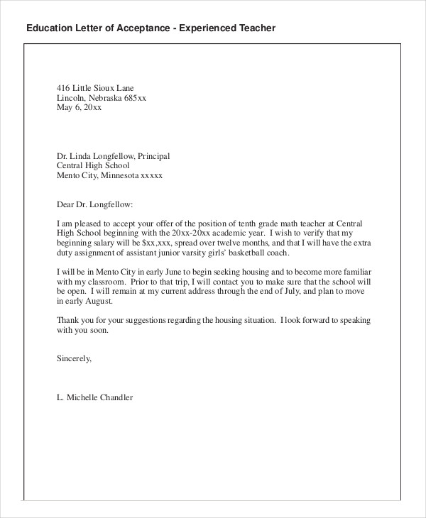 teaching job acceptance letter