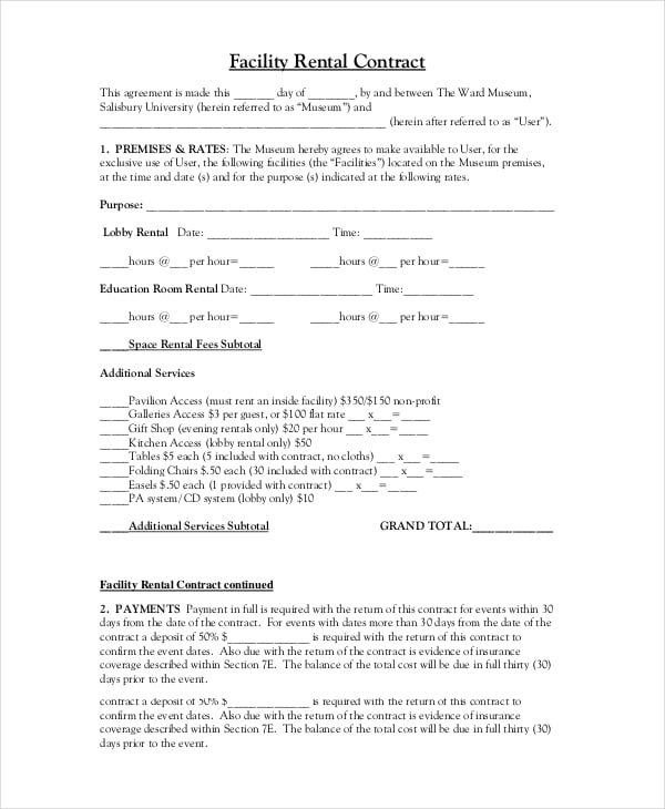 facility rental contract template
