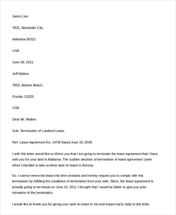 landlord lease termination letter