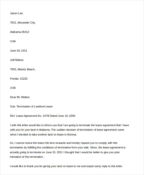 landlord lease termination letter