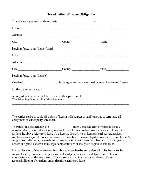 termination of lease obligation letter
