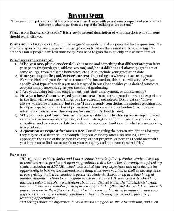 elevator speech template for students