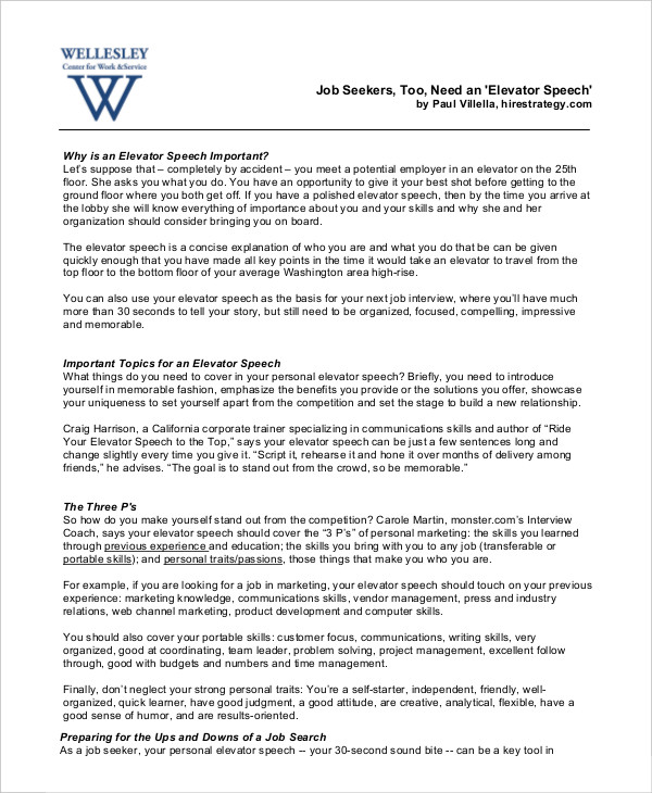 Elevator Speech Examples 9+ Free Word, PDF Documents Download