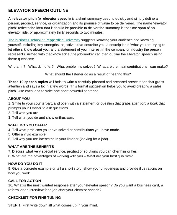 Elevator Speech Examples 9+ Free Word, PDF Documents Download