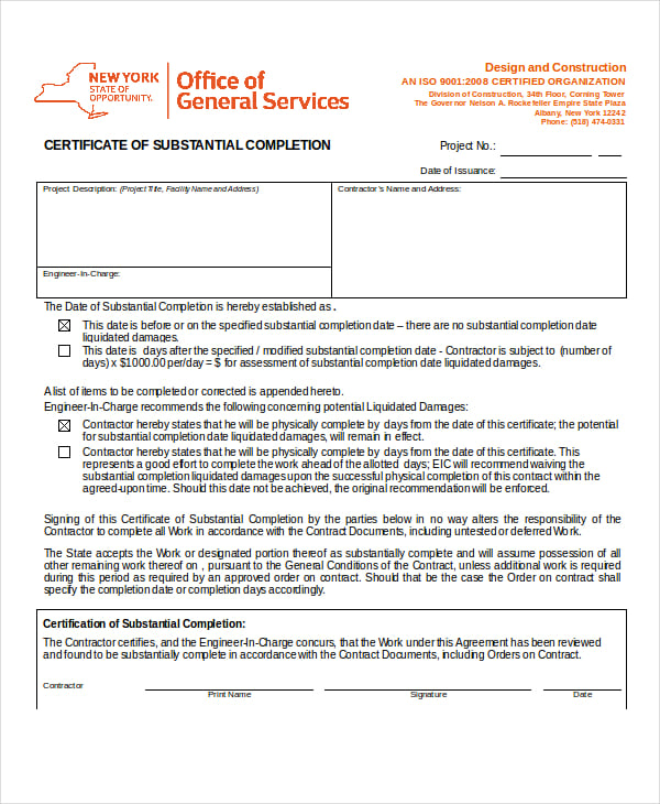 certificate of substantial completion template