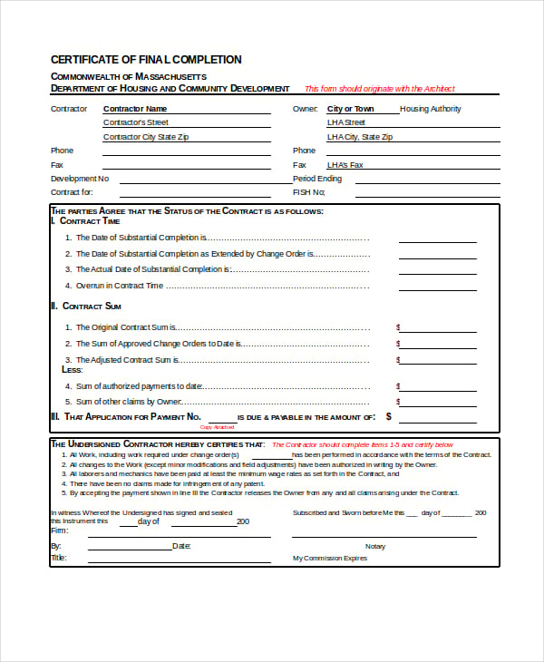 Download Certificate Of Substantial Completion Form For Construction