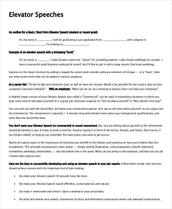 sample elevator speech interview template