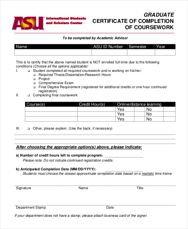 asu coursework completion form