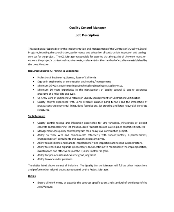 Food quality assurance supervisor job description