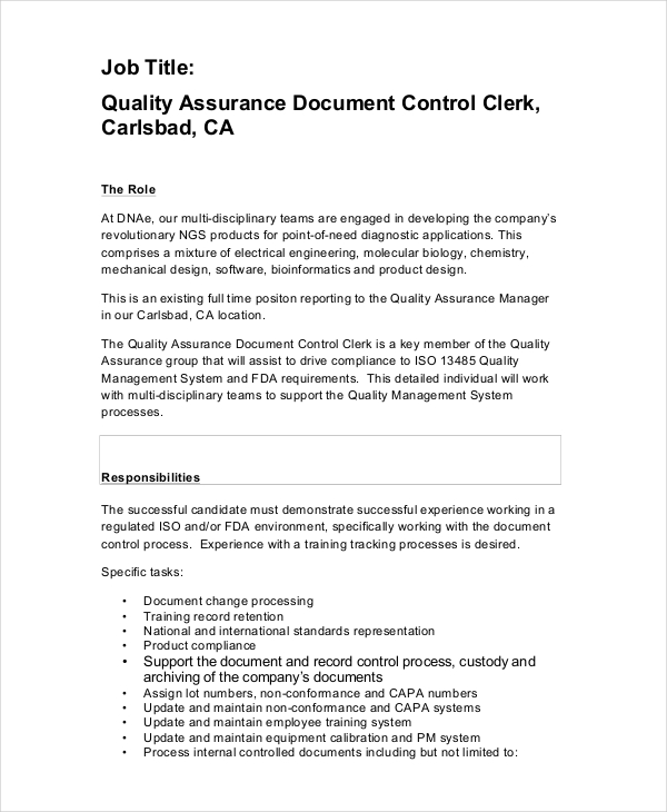 quality control clerk job description