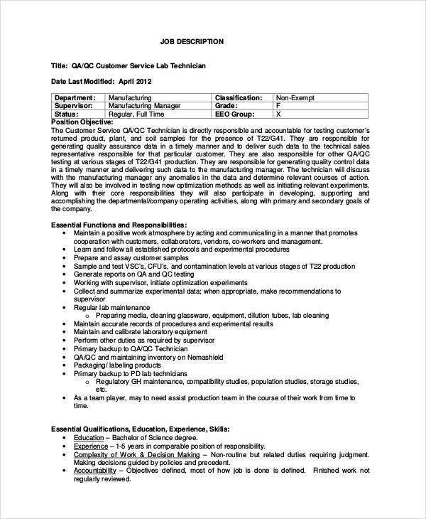 Quality Control Job Description - 11+ Free PDF, Word Documents Download