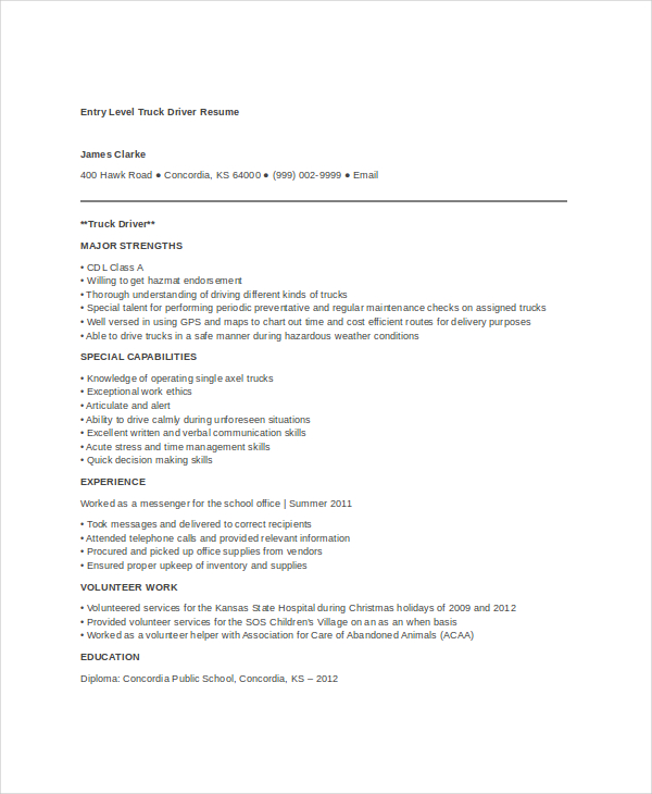 entry level truck driver resume template in word format