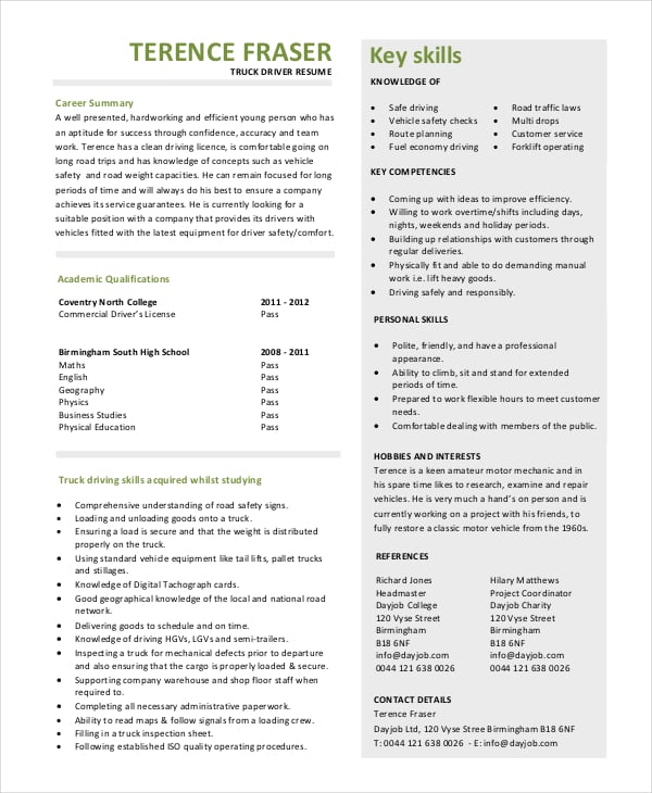 truck driver resume template in pdf
