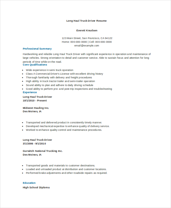 long haul truck driver resume format