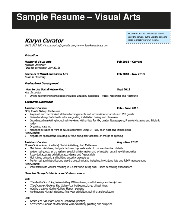 16  Artist Resume Examples PDF DOC