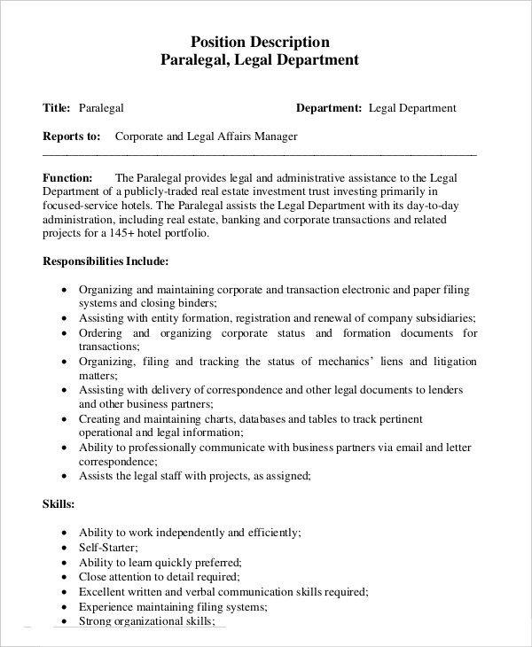 paralegal legal assistant job description