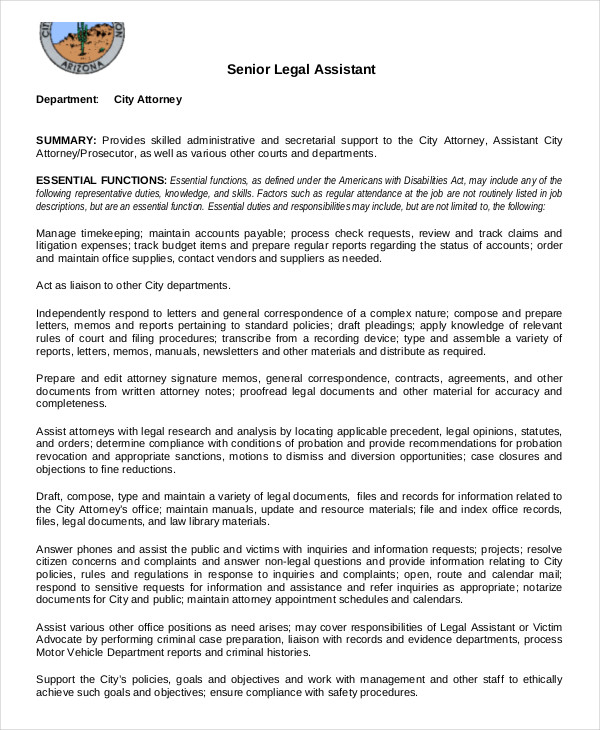 senior legal assistant job description