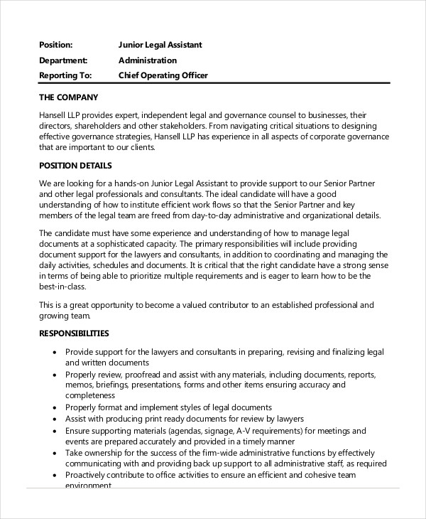 job description for legal assistant for resume