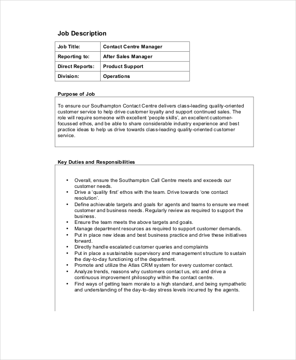 Call Center Job Description 11 Free Word PDF Documents Download   Call Center Operations Manager Job Description Example 