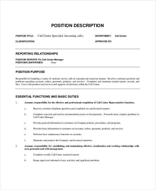 Call Center Specialist Job Description Download