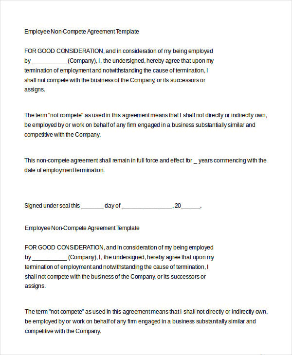 employee non compete agreement template in word