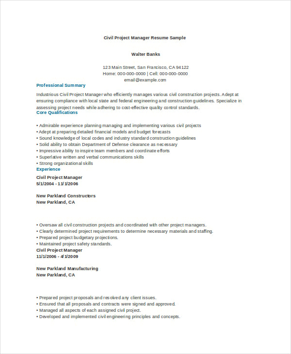 civil project manager resume sample