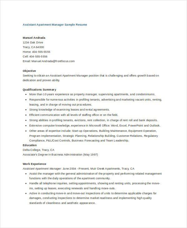 assistant apartment manager sample resume