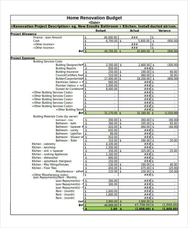 House Remodeling Budget Template Simple Home Designs