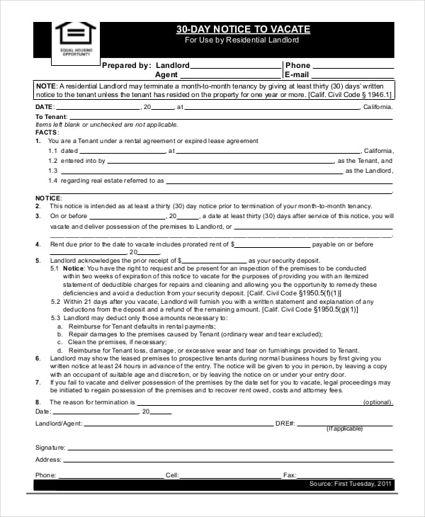 0 day vacate notice by landlord template
