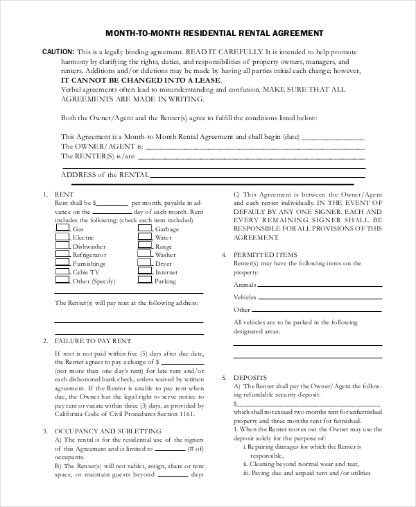 month to month rental agreement 30 day notice template